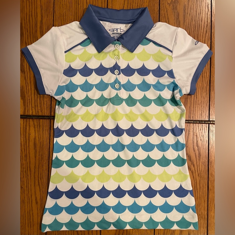 EUC GARB performance polo, size youth medium(7-8) white/blue/green